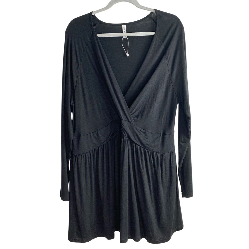 Tianzhu 2XL Tunic Top Black Faux Wrap Pleated Peplum Long Sleeve Stretch NWOT